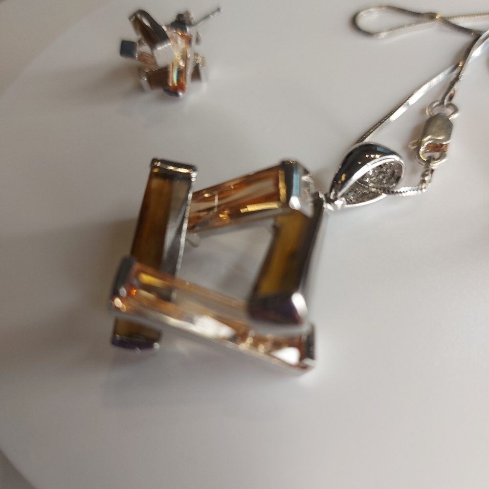 Designed in Italy Sterling 925 Citrine Modernist Necklace and Earring set